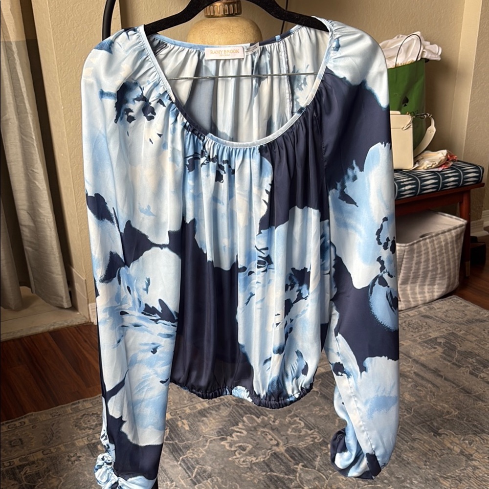 Ramy Brook Blue and White Ruched Long Sleeve Blouse